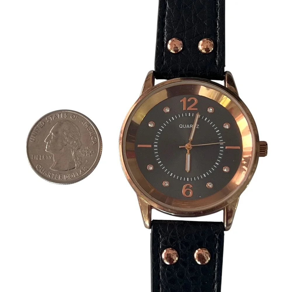Quartz Watch Rhinestone Accent Markers Black Band Rose Gold Tone‎ Bezel